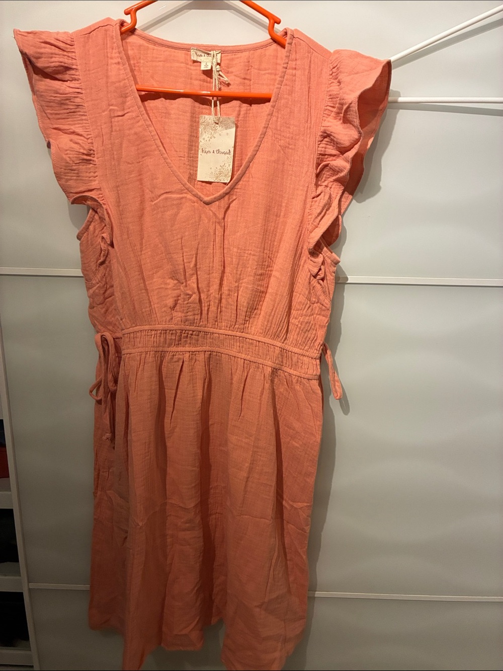 Hem & Thread Coral Pink Ruffle Sleeve Midi Dress 100%cotton